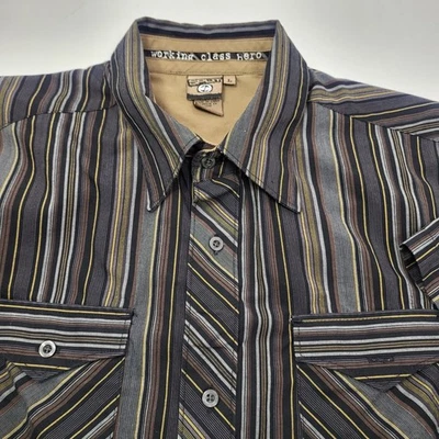 Split Striped Button Up Shirt Short Sleeve Western Workwear Mens Large brown - Image 1 of 4
