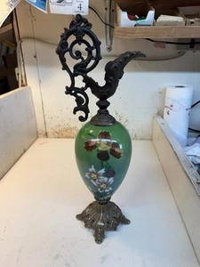 Vintage Antik Jugendstil Ewer Krug Vase grün bemalt 19" Urne Glas Metall - Bild 1 von 17