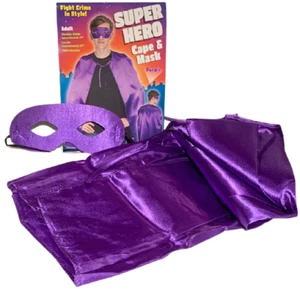 Adulto PÚRPURA SUPERHÉROE CAPA Y MÁSCARA PARA LOS OJOS Conjunto Tela Disfraz Luchador contra el Crimen Dominó  - Imagen 1 de 7