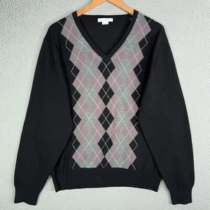 John Smedley Argyle Sweater Mens XL Black 100% New Wool Made in England pullover - Picture 1 of 11