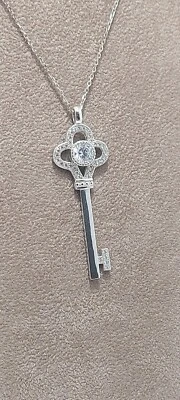 Collana Ciondolo Chiave Cuore Donna Argento 925 Rodiato Bianco Zirconi Brillanti - Immagine 1 di 4