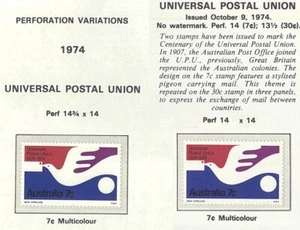 1974 Australian MNH UPU Centenary 7c Stamps Pair 14 & 14-3/4 Perforation Types - Picture 1 of 1