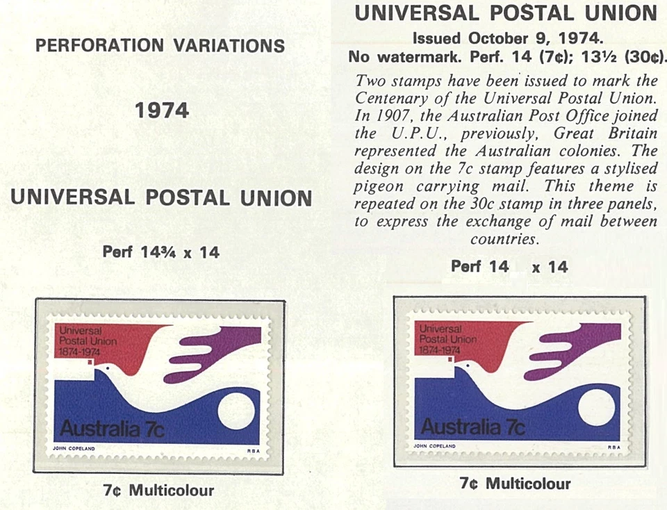 1974 Australian MNH UPU Centenary 7c Stamps Pair 14 & 14-3/4 Perforation Types - Image 1 of 1