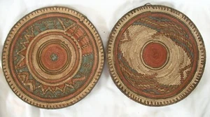 2 African HAUSA Tribe Coiled Grass Basket Tray Nigerian Region 11 3/4" - Picture 1 of 11