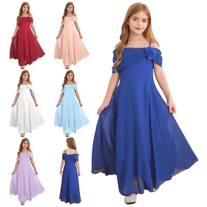 UK Kids Girls Chiffon Off Shoulder Princess Formal Dress Wedding Birthday Party - Picture 1 of 64