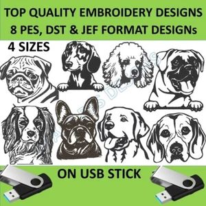 8 Dog Faces machine embroidery designs on USB, dog breeds embroidery patterns - Picture 1 of 1