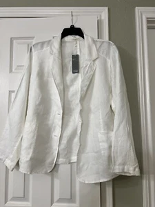 3X NEU MIT ETIKETT EILEEN FISHER WEISS TASCHENTUCH LEINEN KERBE KRAGEN PANEL. JACKE - Bild 1 von 11