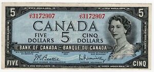1954 BANK OF CANADA FIVE 5 DOLLAR BANK NOTE JX 3172907 NICE BILL S