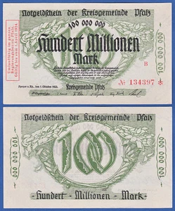 Kreisgemeinde PFALZ 100 Millionen 1923 fast KASSENFRISCH  BAY 256e - Picture 1 of 1