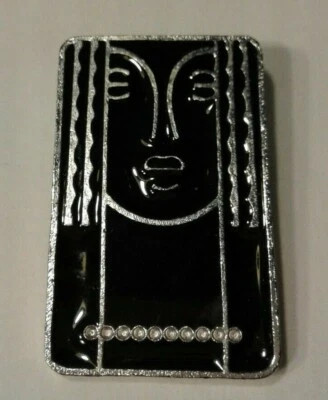 CHARLES OF THE RITZ 1970's Pewter Face Pin Pendant Black Enamel Art Deco Style.  - Image 1 of 4
