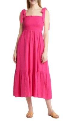 Caslon Pink Rouge Smocked Tie Strap Cotton Gauze Midi Sundress Size 2X - image 1 of 4