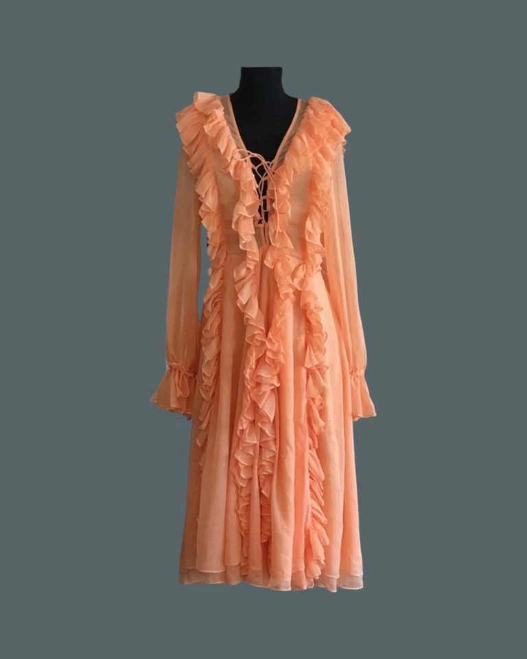 Vtg REVE de PARIS French Romance Organza Ruffle Midi Tangerine Dress lace up M - Image 1 of 4