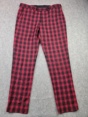 J.Crew Bowery Pants Mens 34x32 Red Black Plaid Wool Blend Slim Dress Tartan - Image 1 of 4