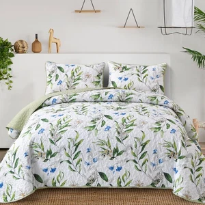 Salbeigrün Botanisch Quilt Set Queen, 3 Teile Blumen Tagesdecke Wende Lig... - Bild 1 von 7