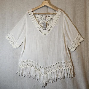 Blusa Top Chicos Cuello Macramé Transparente Mujeres 3 XL Blanco Flecos Boho Cottage Nueva con Etiquetas - Imagen 1 de 10