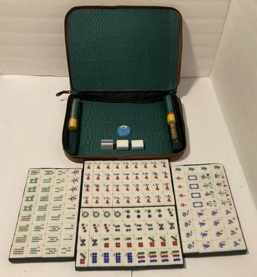 Mahjong Set Three Tone Tiles White Clear Blue Back Brown Zipper Case Vintage - Image 1 of 4