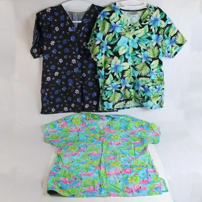 Lot of 3 Various Women's Scrub Shirts with Colorful Patterns Size S - Image 1 of 4