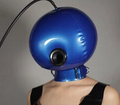 Máscara de goma doble capucha inflable de látex con boca respiratoria para fetiche BDSM Juegos con disfraces Foto 1 de 4