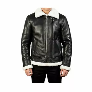 Herren Flieger Fell Shearling Bomber Schwarz Echt Lammfell Lederjacke/Mantel - Bild 1 von 4