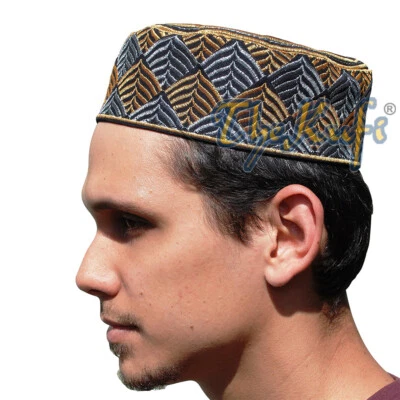  Silver & Gold Metallic Thread Leaf Design Embroidery Black Semi-rigid Kufi Hat - Image 1 of 3