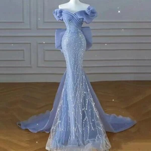 Women's Formal Party Sparkly Blue Prom Dresses Bow Sequins Off The Shoulder Prom - Picture 1 of 7