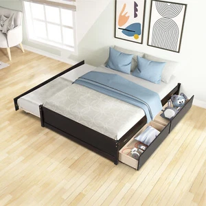 Full Size Bed Frame With Twin Size Trundle Platform Bed Frame W/ 2 Drawers NEW - Picture 1 of 7