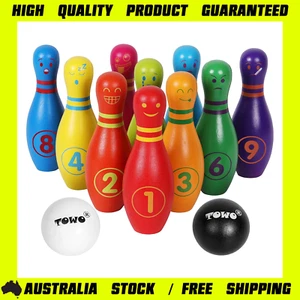 TOWO Wooden Skittles Set 10-Pin Bowling Toy for Kids w/ Faces & Numbers - Picture 1 of 7