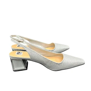 Silver Glitter Slingback Block Heel Shoes By Ninety Union Pointed Toe Adjustable - Picture 1 of 8