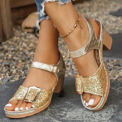 Women's Open Toe Sandals with Sparkling Ankle Strap Block Heel Casual Shoes - Image 1 of 4