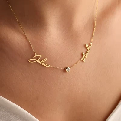 Collar Doble Nombre Personalizado Múltiples Nombres Colgante Joyería Eslabón Cadena Cursiva Foto 1 de 4