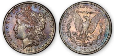 Dólar de plata Morgan 1903 (P) - PCGS ESCUDO DE ORO SIN CIRCULAR (parece MS63) ¡TONIFICACIÓN SALVAJE! Foto 1 de 4