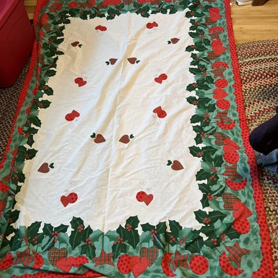 Christmas Tablecloth Hearts Stars Moon Holly App. 116”x84” Polyester - image 1 of 4