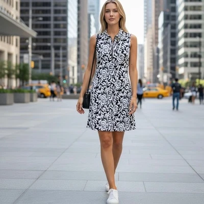 MSK Women Pull-on Sleeveless Collared Zip Front Rose Floral Dress Size M NWT - Image 1 of 4