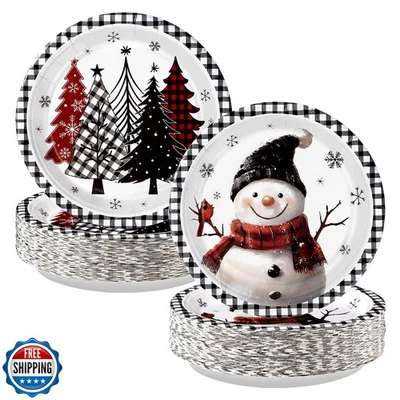 50Pcs Christmas Paper Plates 9 Inch Christmas Trees Snowman Black - Image 1 of 4
