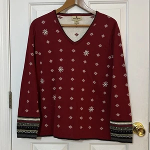 Vintage Woolrich Women’s Sweater XL Red White Snowflake V-Neck Pullover Grandma - Picture 1 of 4