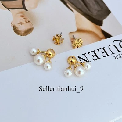 New! Tory KIRA PEARL FRONT-BACK EARRING with Jewelry Pouch Size:2.1*2.2cm - Image 1 of 3