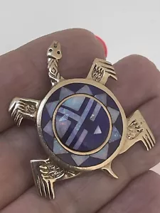 14 K Yellow Gold Native American Zuni Inlay Stones Mosaic Turtle Pendant Signed - Picture 1 of 14
