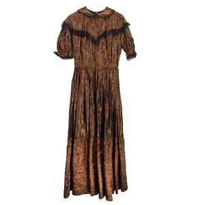 Vintage 70s Rosebud Dress Acetate Taffeta Floral Brown Lace Dress Womens 14 - Picture 1 of 5