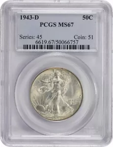 1943-D Walking Liberty Silver Half Dollar MS67 PCGS - Picture 1 of 2