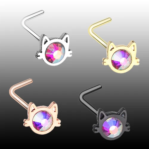 Rose Gold Iridescent Cat Silouette Face L-Shaped Nose Ring 20g 7mm Black Silver - Image 1 of 1