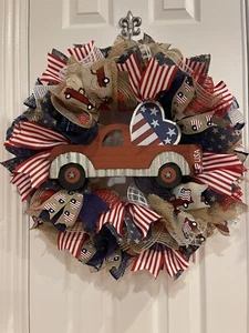 “Red Truck” Patriotic WREATH Red, White and Blue wreath 26” VERY FULL JULY 4th - Picture 1 of 10