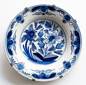 Delft Teller Blaumalerei Blumen ungemarkt Original Keramik um 1730 - Bild 1 von 6