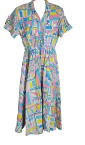 Vintage Dress Womens 10 Colorful Geometric 90's Day Dress Trad Wife Party Button - Picture 1 of 18