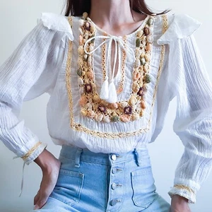 ANTIK BATIK Boho White Cotton Tunic Blouse Boho Crochet Floral Top Size S - Picture 1 of 16