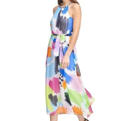 NWT DKNY abstract rainbow print halter midi dress chiffon belted cocktail summer - Image 1 of 4
