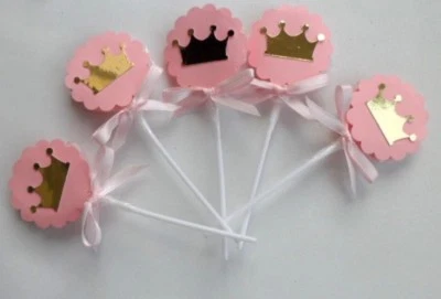 JUEGO DE 10 PIRULETAS ROSADAS Y DORADAS PRINCESA REAL, FAVORES DE FIESTA, FIESTA DE CUMPLEAÑOS Foto 1 de 3