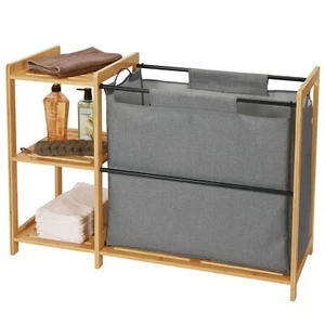 Bamboo Laundry Hamper W/ Shelves Bathroom Cabinet Organizer 3 Tier Shelf Rack - Picture 1 of 7