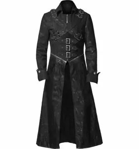 Man's Steampunk Gothic Black Long Leather Trench Coat - Fast Shipping - Picture 1 of 8