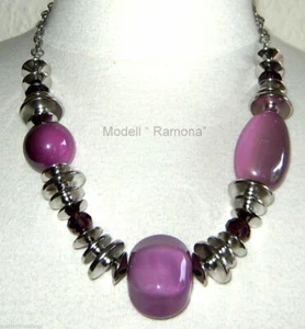 Modeschmuck  Kette Halskette Perlenkette  Metall Keramik  lila silberfarben  Neu - Bild 1 von 2