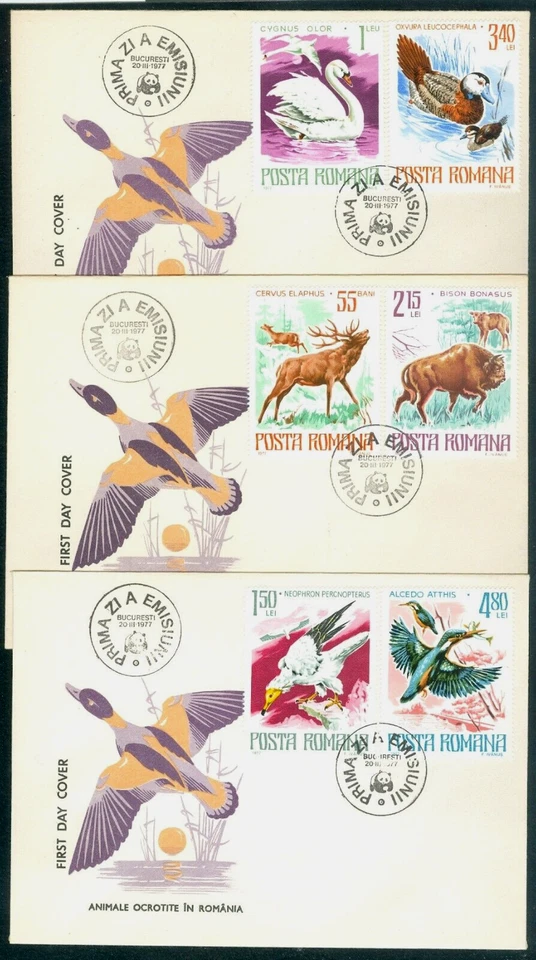 1977 WWF,Protected Animals,Birds,Duck,Wisent,Bison,Swan,Vulture,Romania,3417,FDC - Image 1 of 1